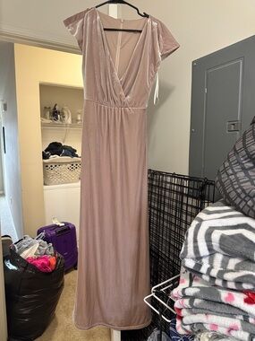 Elegant Blush Pink Velvet Wrap Maxi Dress bridesmaid